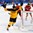 GANGNEUNG, SOUTH KOREA - FEBRUARY 20: Germany's Matthias Plachta #22 and Felix Schutz #55 celebrate after a goal by Leonhard Pfoderl #83 with Switzerland's Raphael Diaz #16, Philippe Furrer #54 and Jonas Hiller #1 looking on during qualification playoff round action at the PyeongChang 2018 Olympic Winter Games. (Photo by Matt Zambonin/HHOF-IIHF Images)

